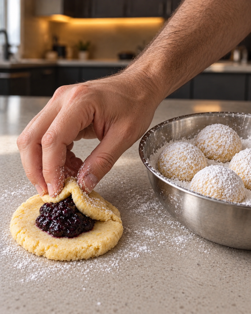Sealed dough ball rolled in powdered allulose beside a filled dough disc.