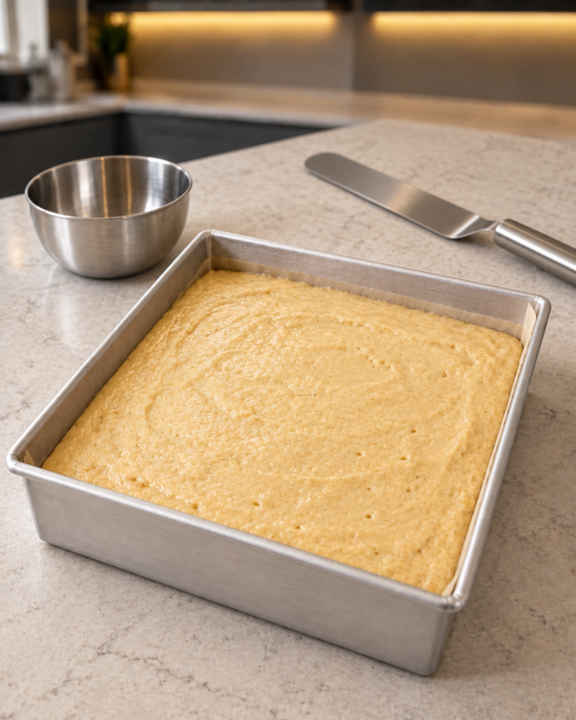 Pale almond flour batter spread over the pecan layer in the same square pan
