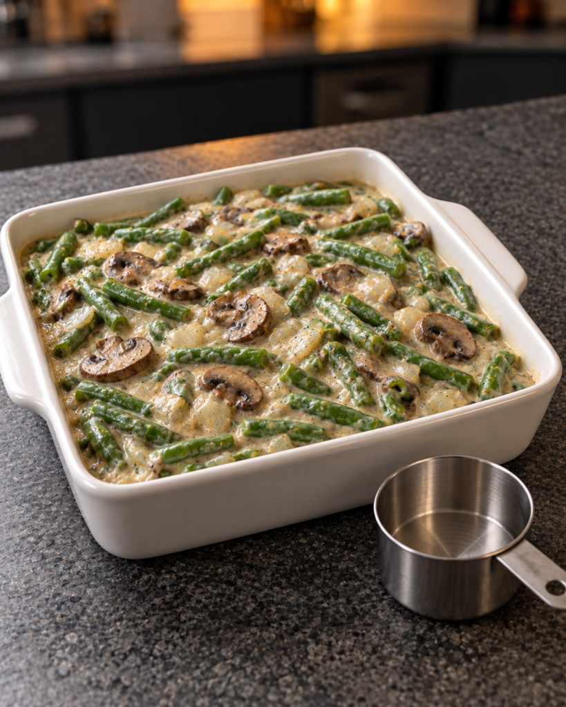Green beans folded into sauce in the no-added-sugar green bean casserole