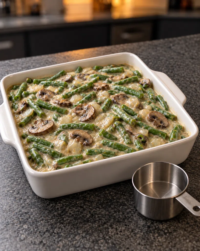 Green beans folded into sauce in the no-added-sugar green bean casserole