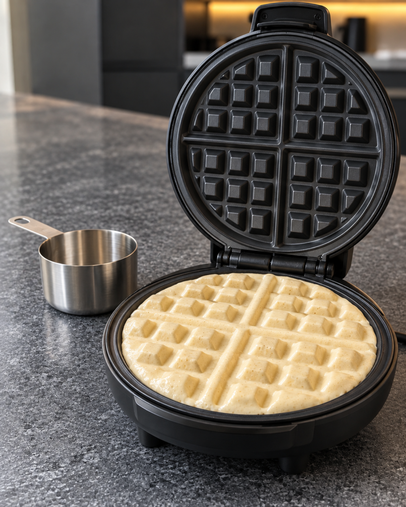 Batter poured into an open round Belgian waffle maker