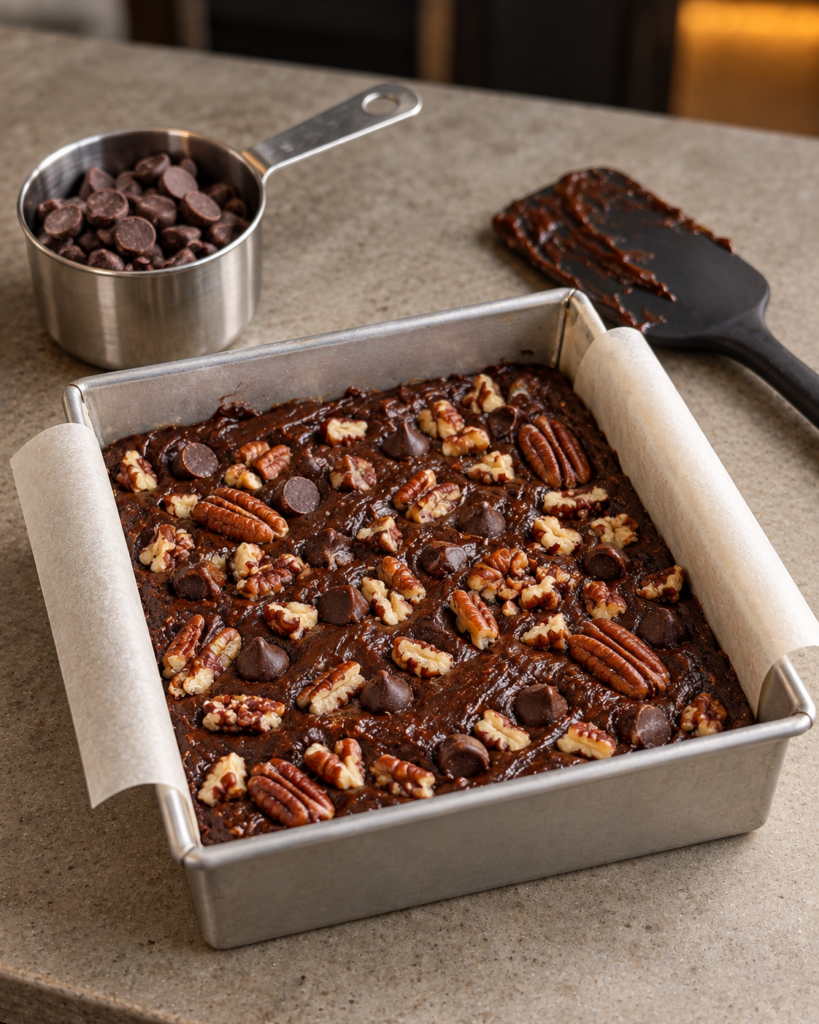 Unbaked sugar-free pecan brownie batter in a small parchment-lined 6x6-inch pan with pecans and chips pressed on top