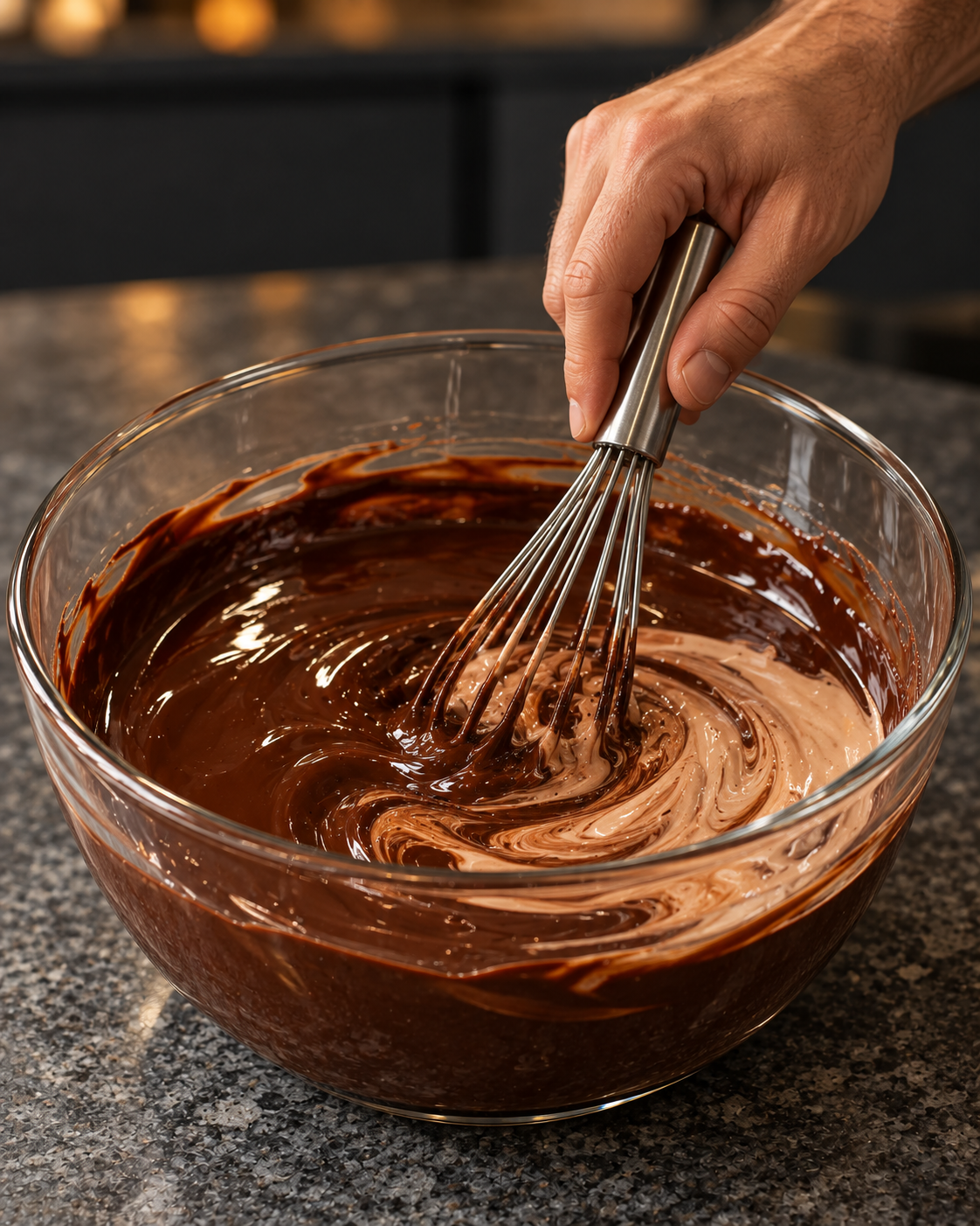 Man's hand whisking melted chocolate with chocolate cream in a glass bowl