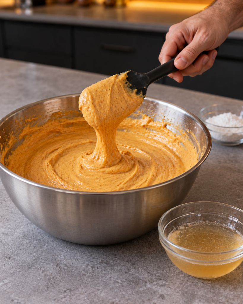 Sugar-free no-bake pumpkin cheesecake filling with bloomed gelatin stirred into it