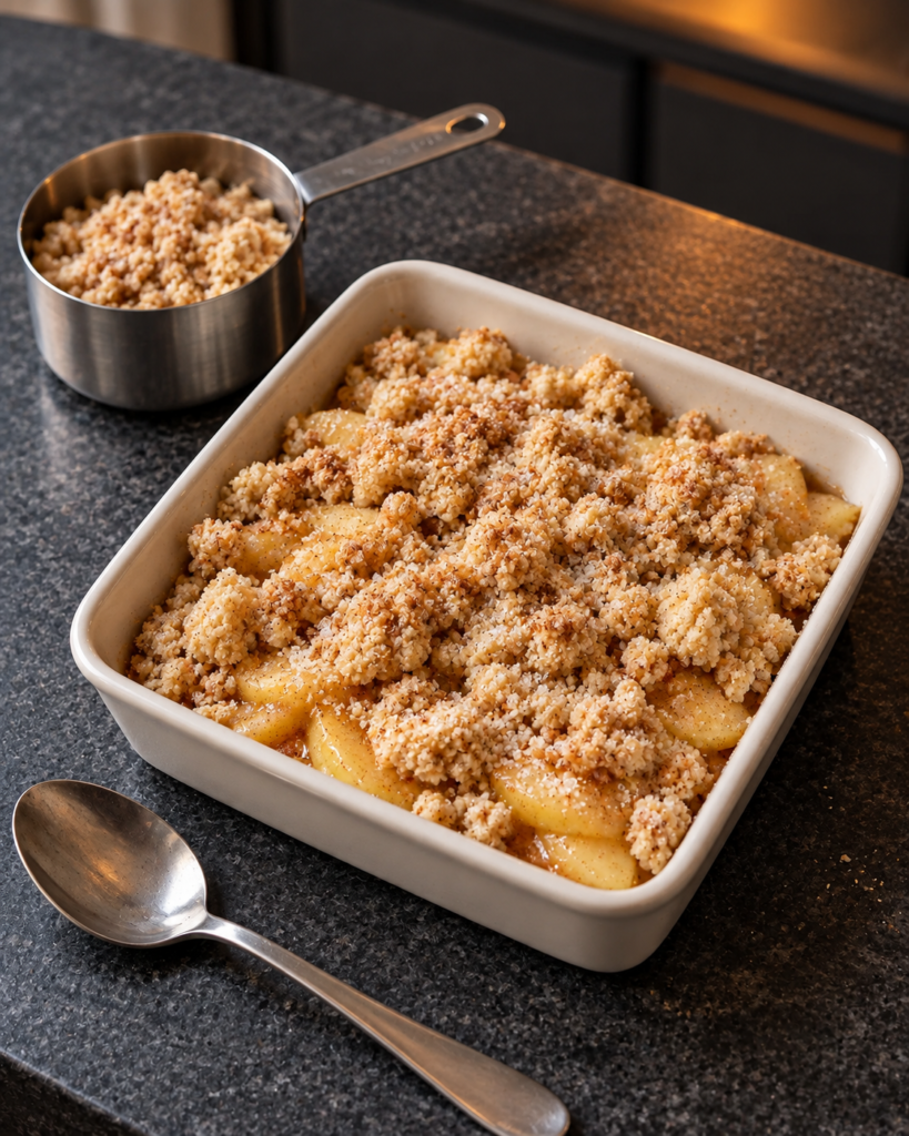 Sugar-free apple crumble topping scattered loose over apples in a small ceramic dish