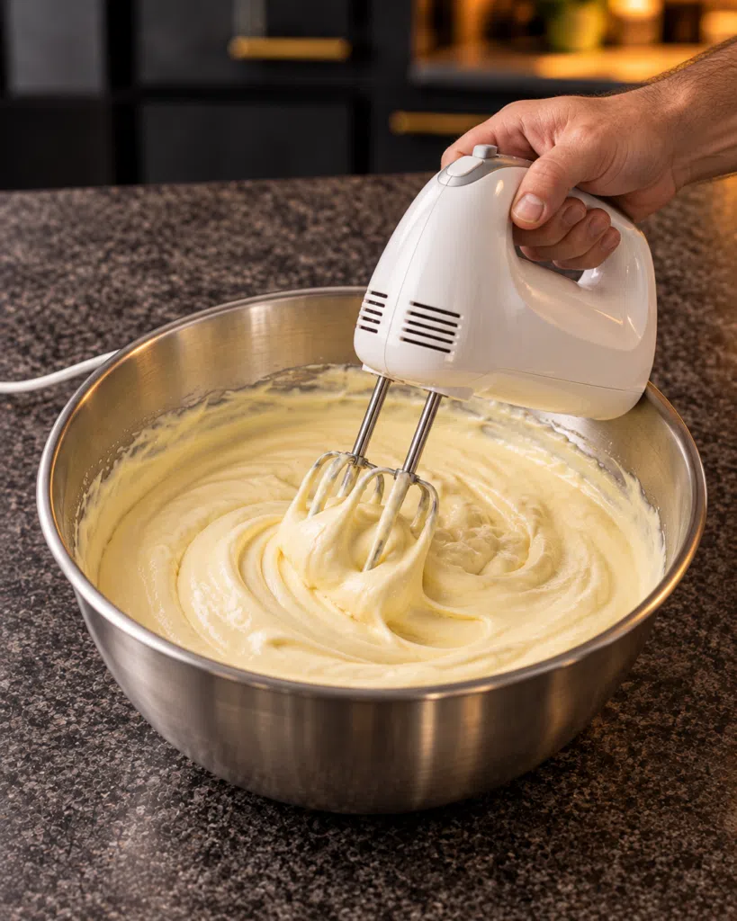 Pale creamy banana pudding beaten in a stainless steel mixing bowl