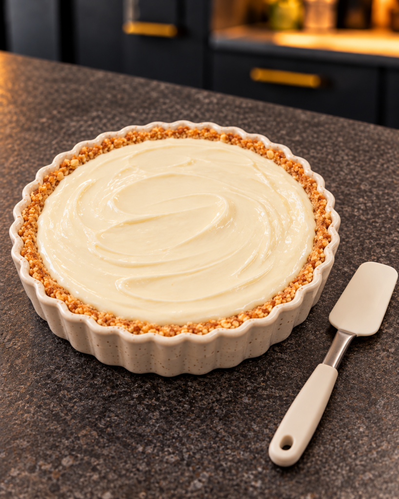 Smooth white cream cheese filling spread in the almond crust