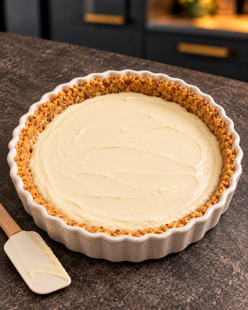Pale vanilla layer spread over the cooled almond crust