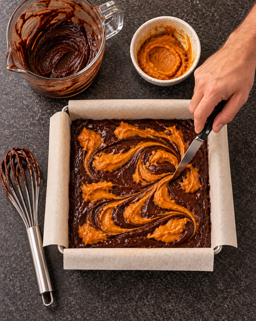 Sugar-free pumpkin swirl brownie batter marbled with pumpkin before baking