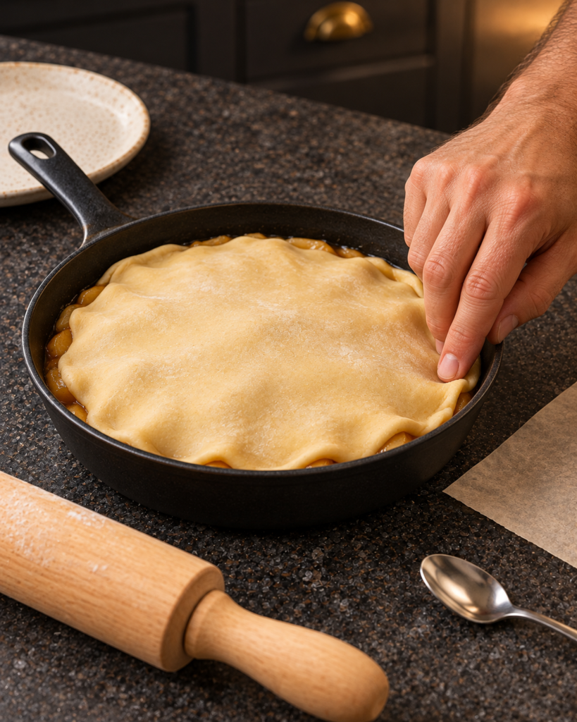 Sugar-free apple tarte tatin pastry draped over the apples before baking
