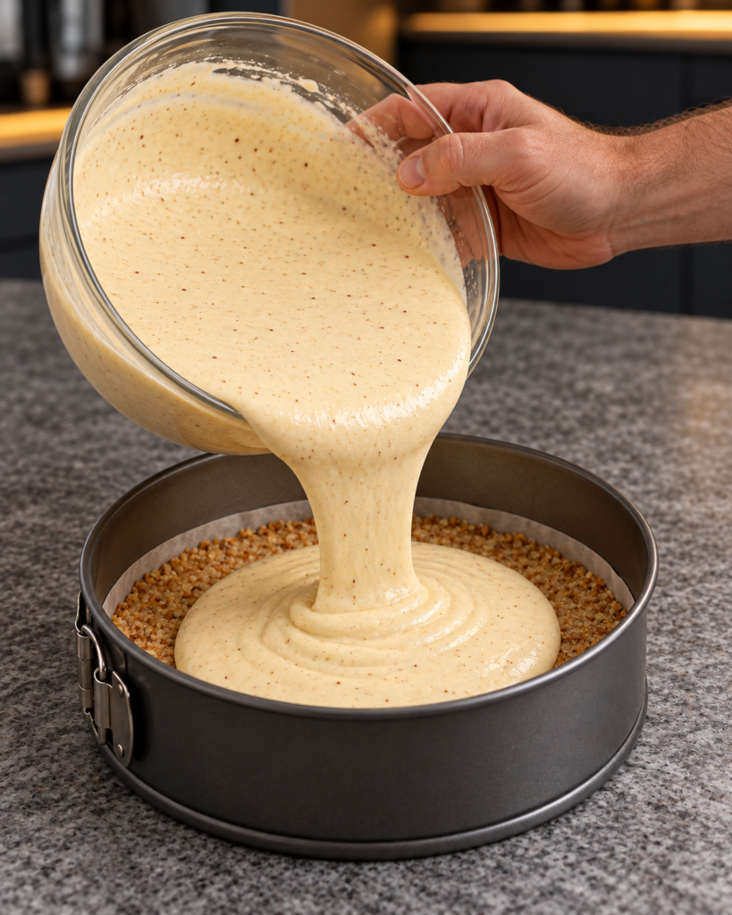 Pale creamy eggnog cheesecake filling with nutmeg flecks being poured over the cooled almond crust in the springform pan