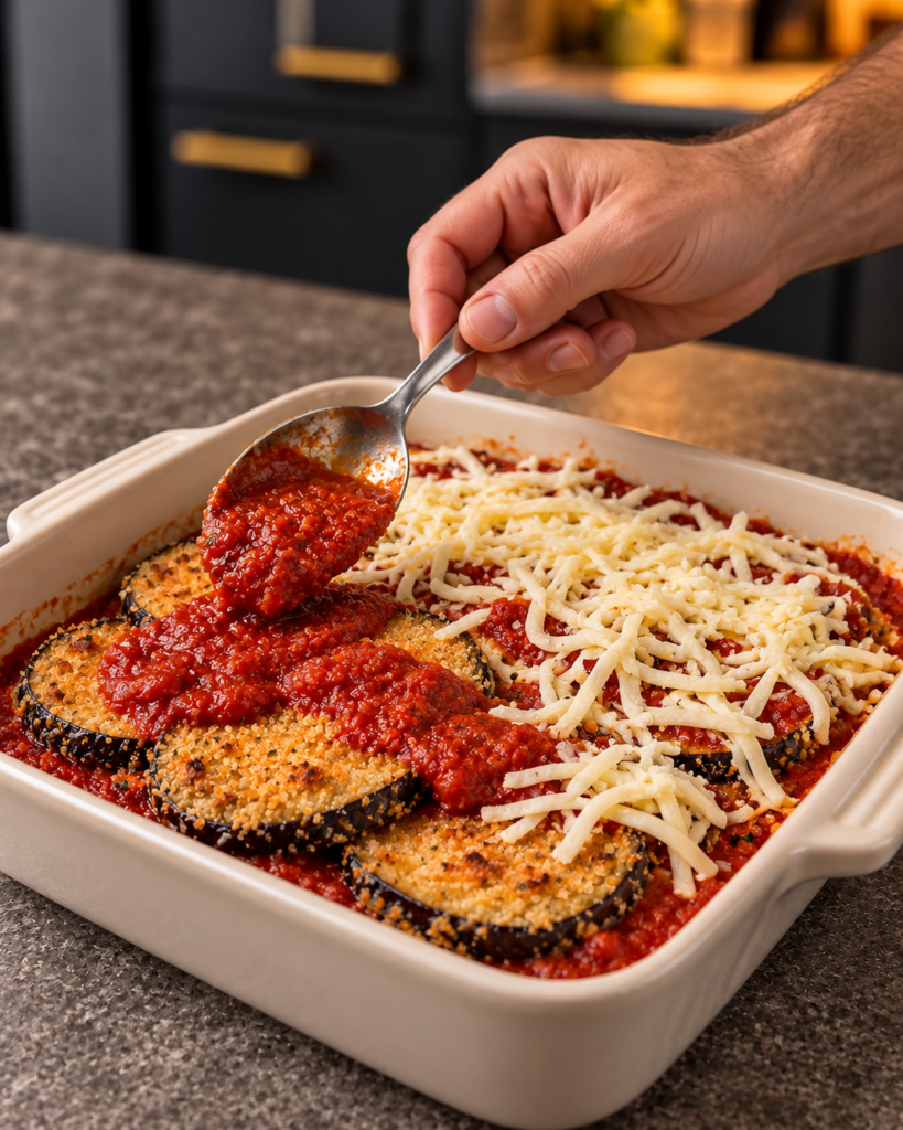Baked golden eggplant rounds being layered with red marinara and shredded mozzarella in a square ceramic baking dish