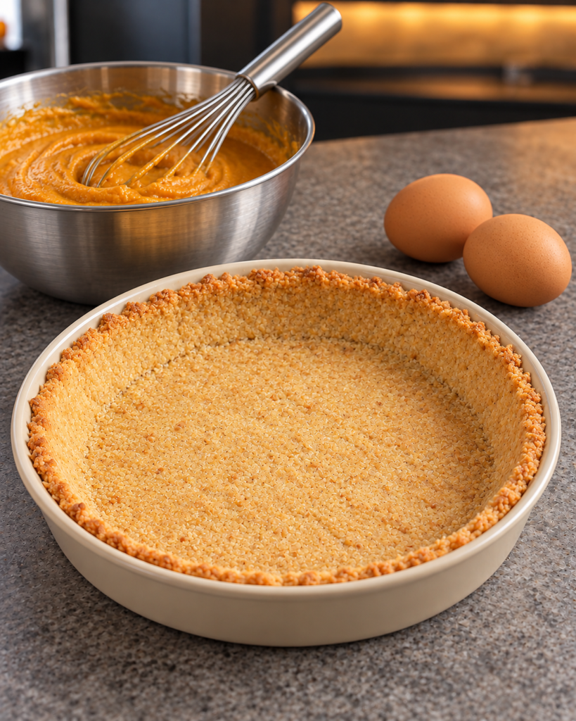 Pumpkin filling whisked in a steel bowl beside the baked crust