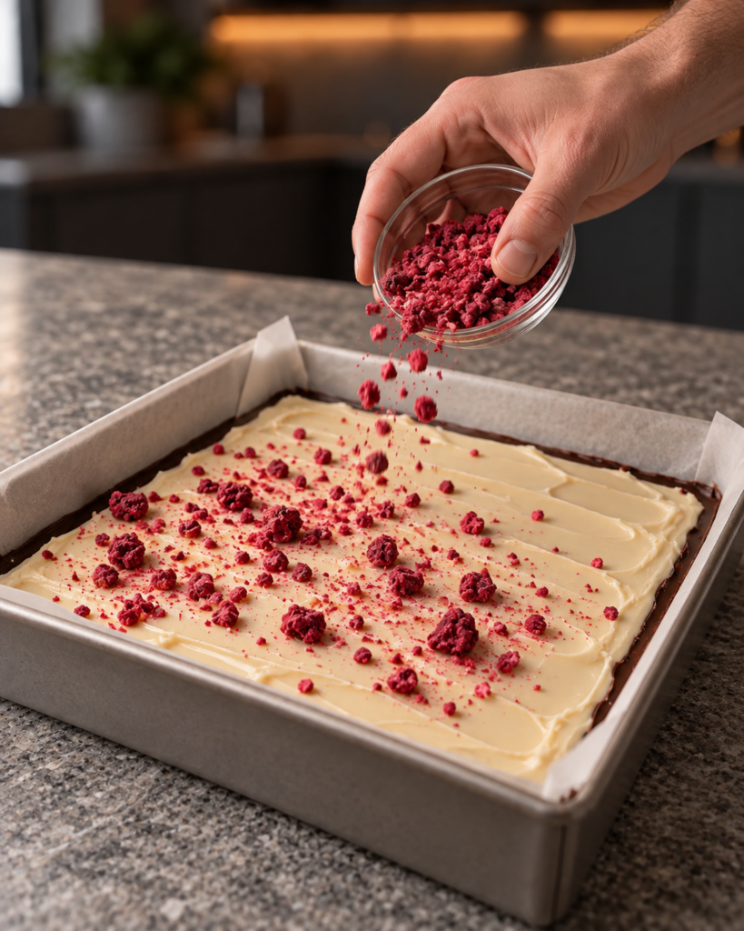 White chocolate spread over the dark layer in the pan while crushed freeze-dried raspberries are scattered over the top