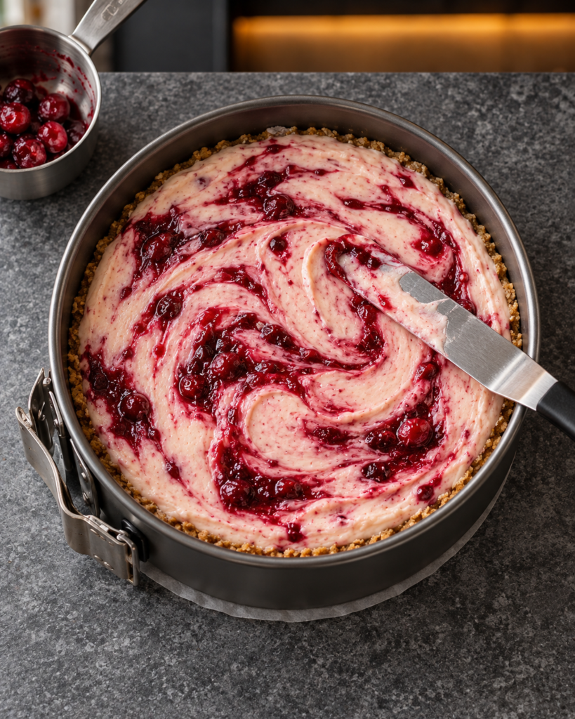 Pink cheesecake filling swirled with red cranberry streaks in a 6-inch springform pan