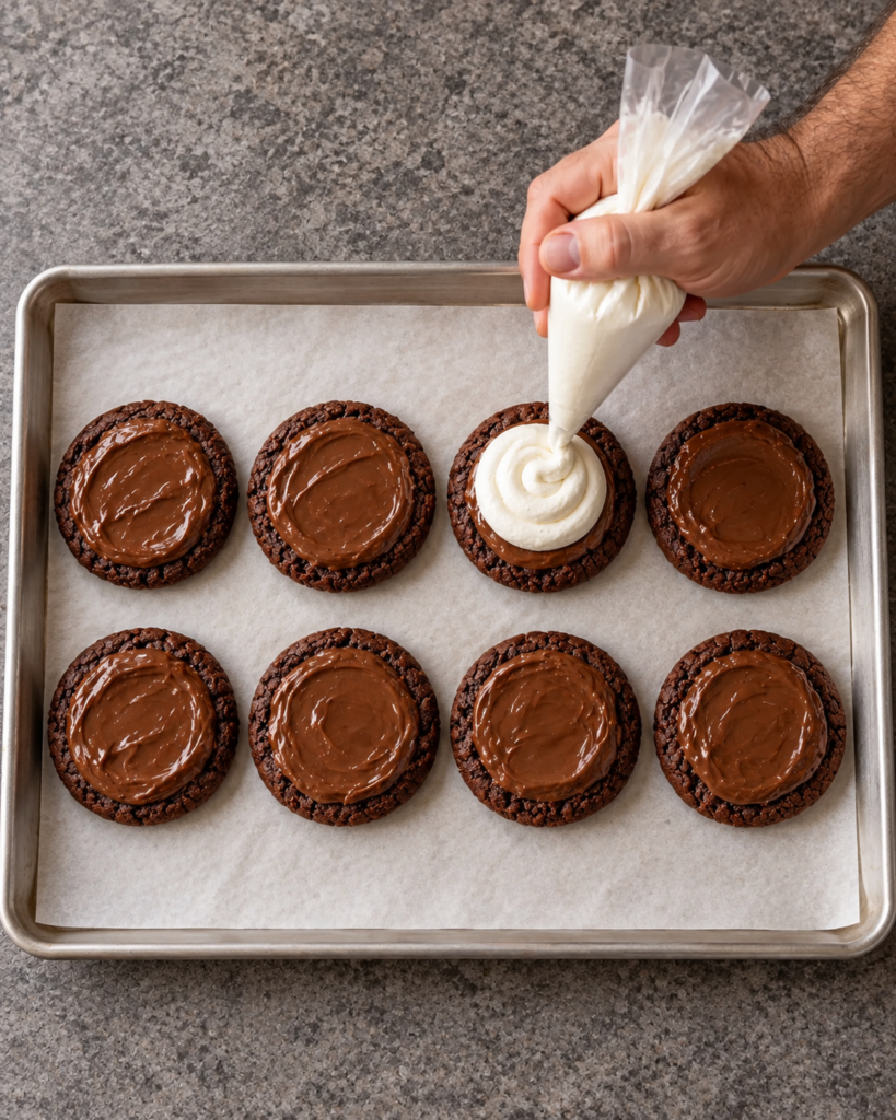 Glossy white marshmallow cream piped over chocolate hazelnut cookie bases