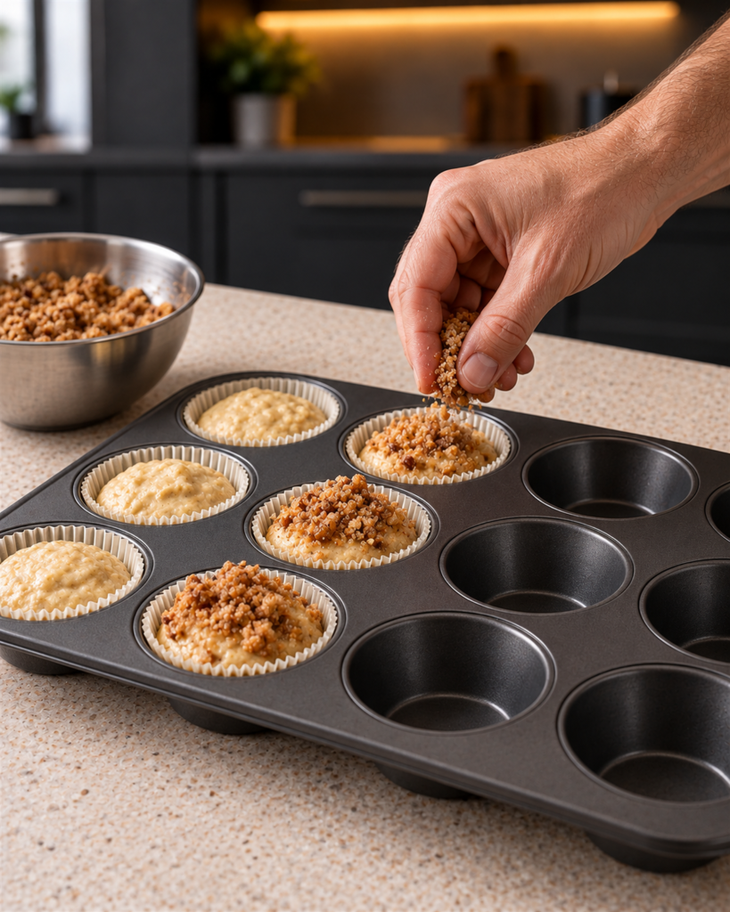Unbaked sugar-free cinnamon streusel muffins in paper-lined cups with streusel sprinkled on top