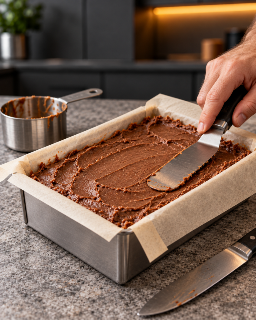 Sugar-free chocolate peanut butter fudge smoothed flat in a parchment-lined mold