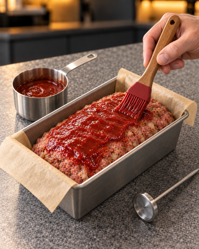 No-added-sugar meatloaf in a lined loaf pan brushed with red tomato glaze