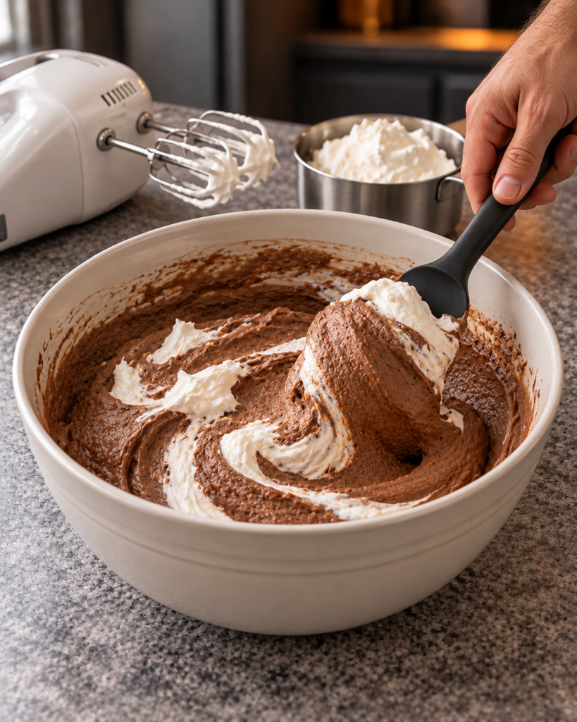 Whipped cream folded into chocolate mousse filling in a white bowl