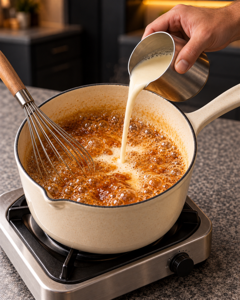 Warm cream whisked into bubbling amber caramel in a light saucepan