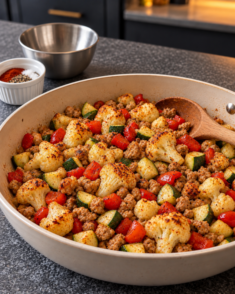 Seasoned cauliflower, zucchini, pepper and turkey filling the skillet