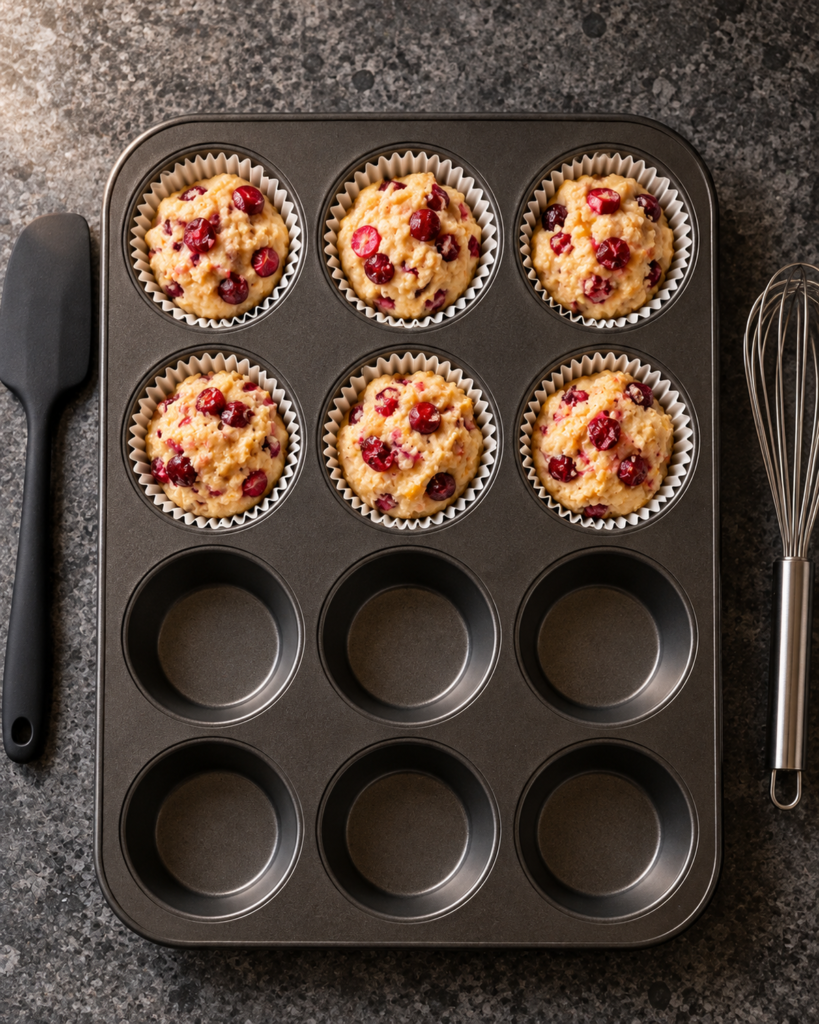 Six paper muffin liners filled with batter and topped with cranberries