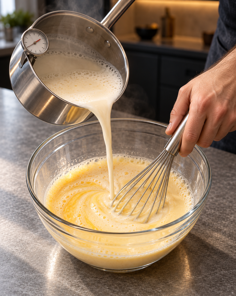 Almond milk poured into beaten eggs with a thermometer in the saucepan