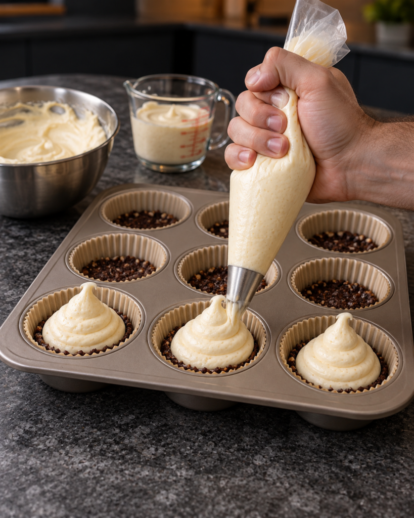 Thick white cheesecake filling piped in a spiral into a ghost shape on a crust