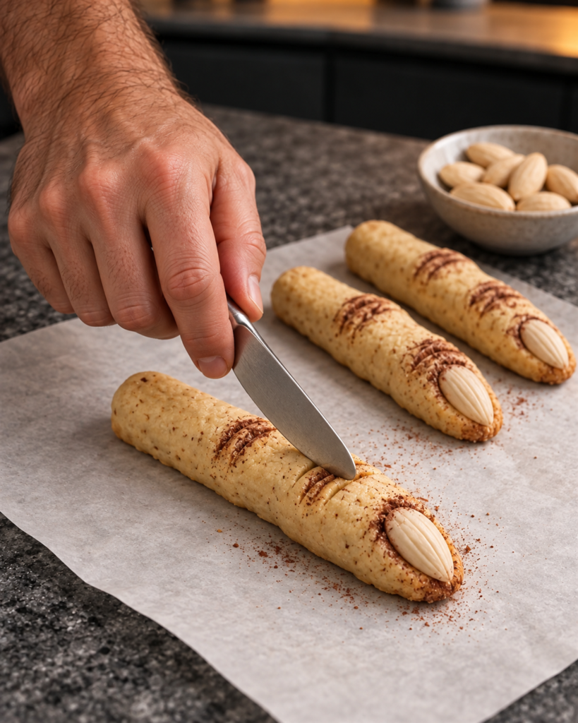 Almond nail pressed into the tip and cocoa lines on a raw dough finger