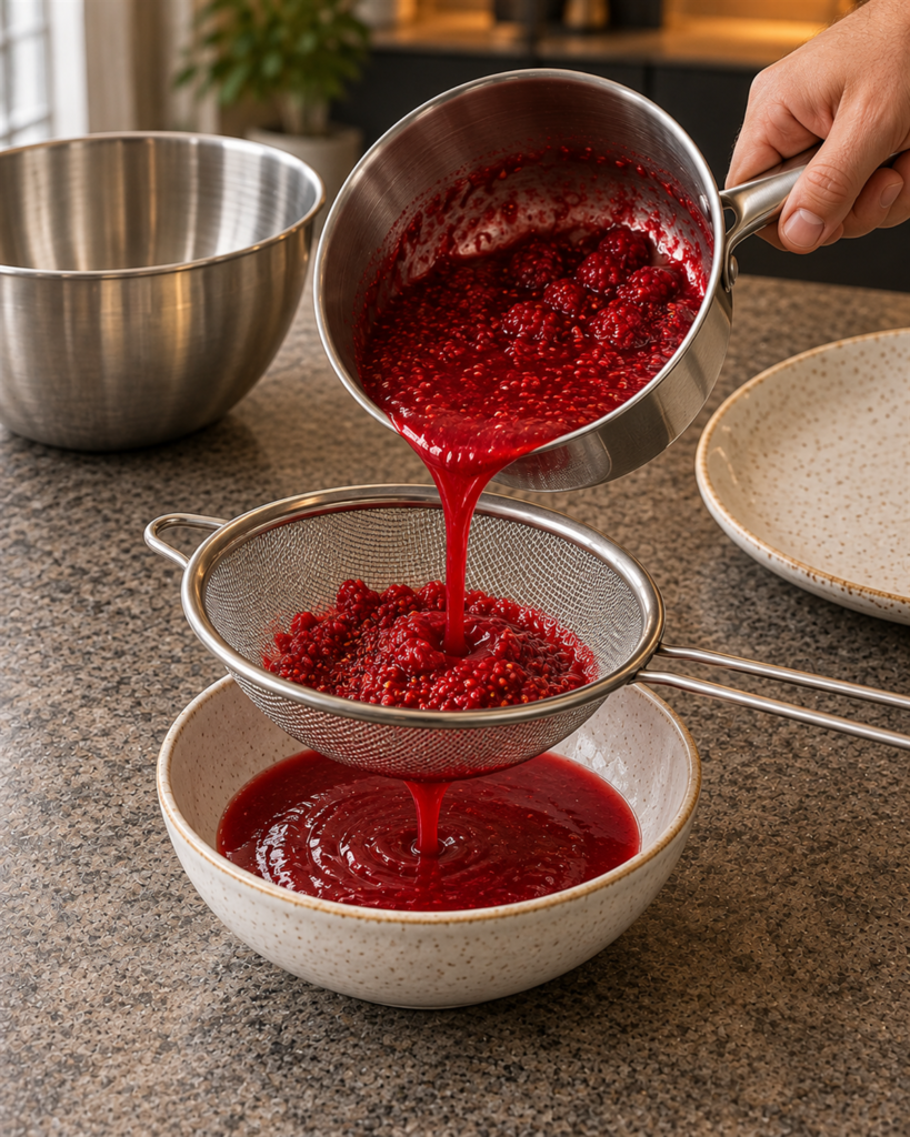 Raspberry sauce strained through a fine sieve into a bowl