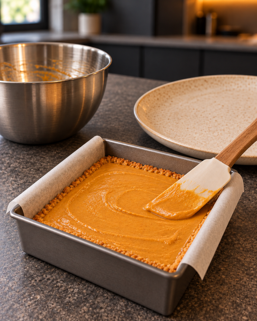 Sugar-free pumpkin pie bars filling poured over the baked almond crust