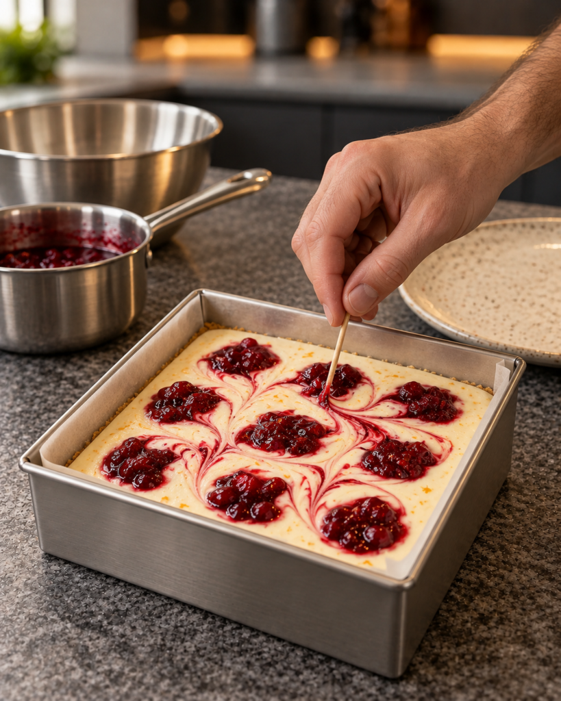 Sugar-free cranberry orange cheesecake bars dotted with cranberry sauce and swirled