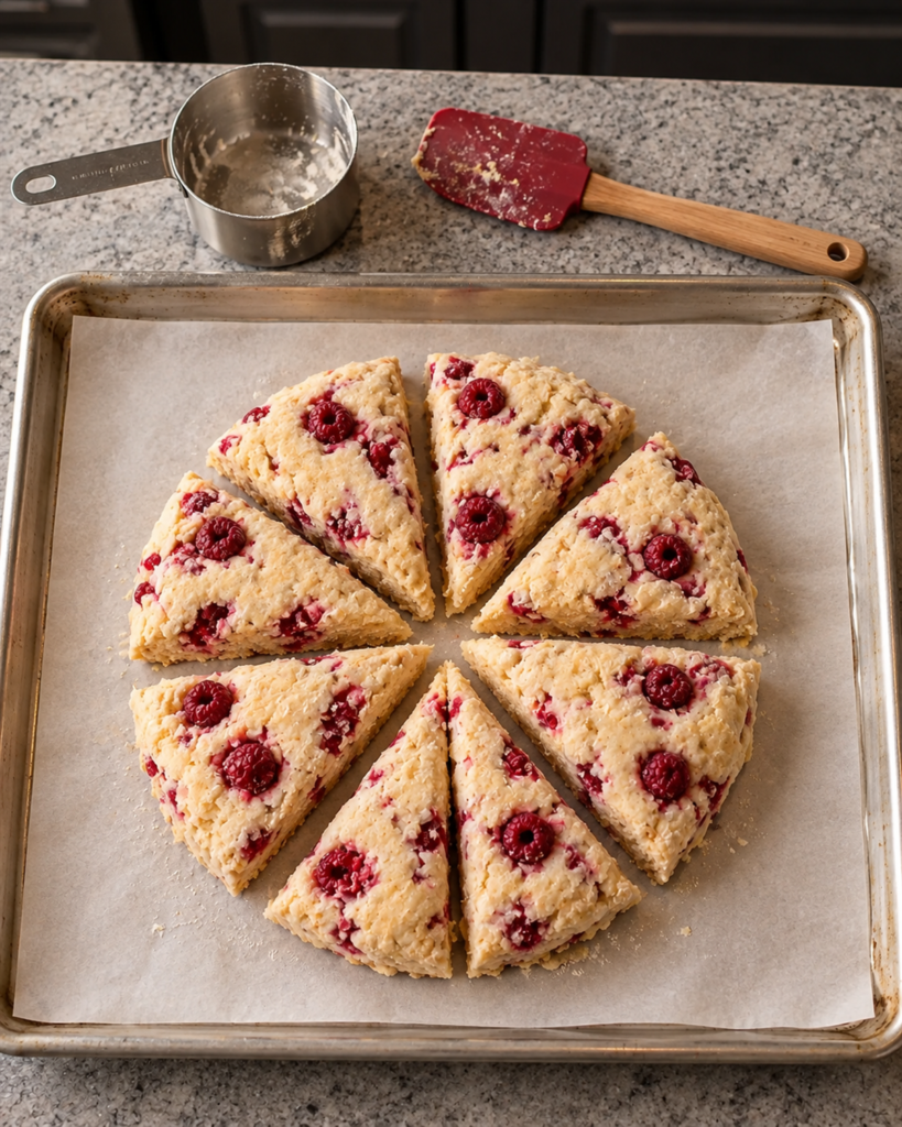 Sugar-free raspberry almond scones dough shaped into a round on parchment and cut into 8 wedges