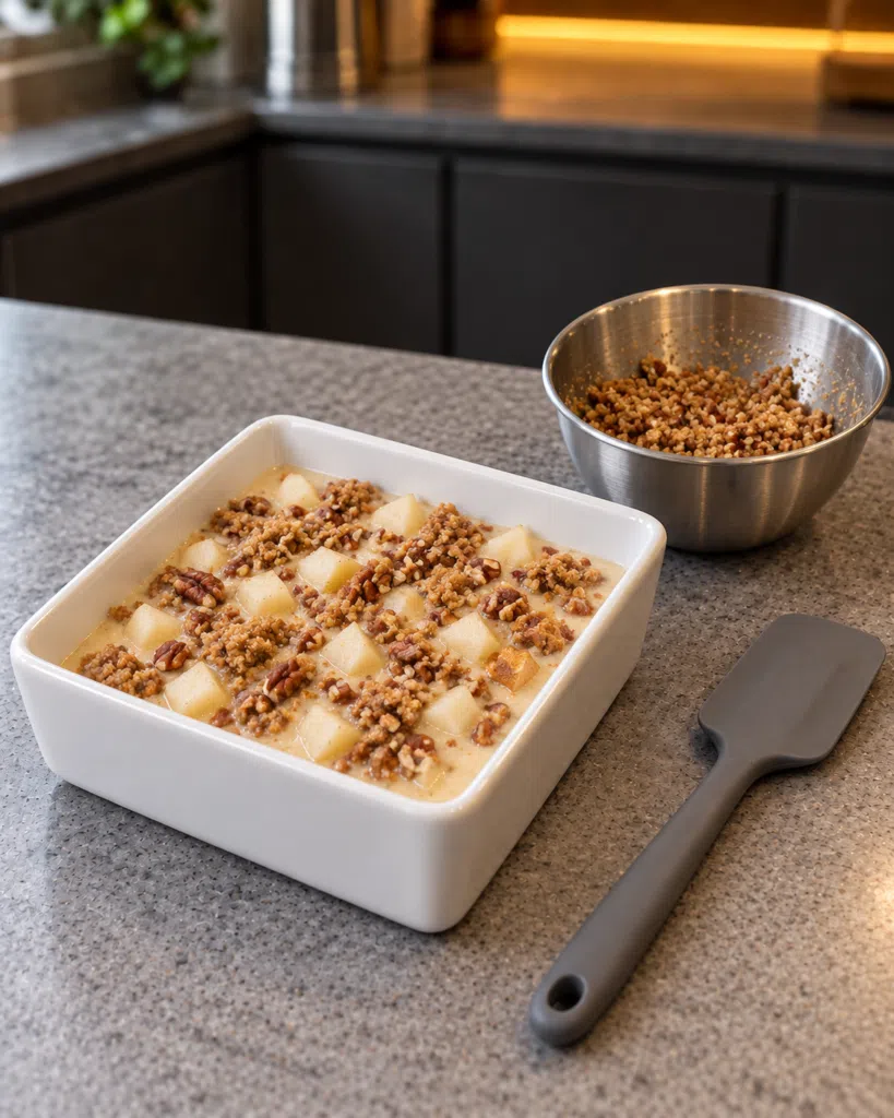 Pear and pecan crumble scattered over the unbaked pudding