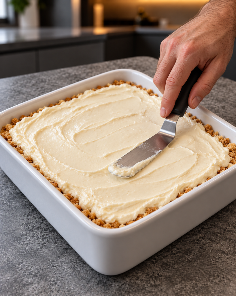 Creamy white filling spread over the crumble layer in the square ceramic dish
