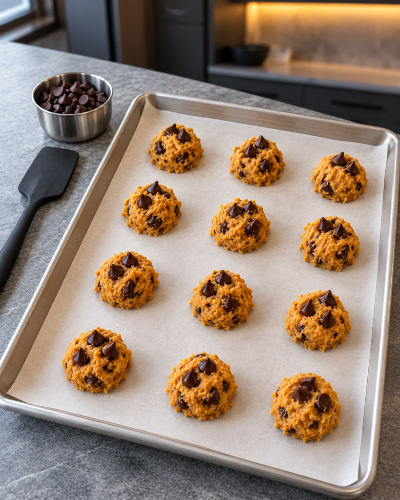 Twelve tall dough mounds on a lined baking sheet, extra chips pressed on top