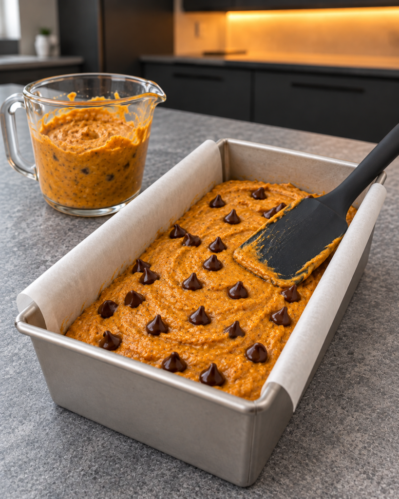 Batter smoothed into a parchment-lined 8x4-inch loaf pan with chips on top