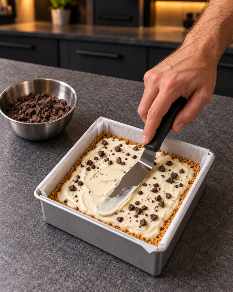White cheesecake filling with chopped chocolate chips spread over the crust