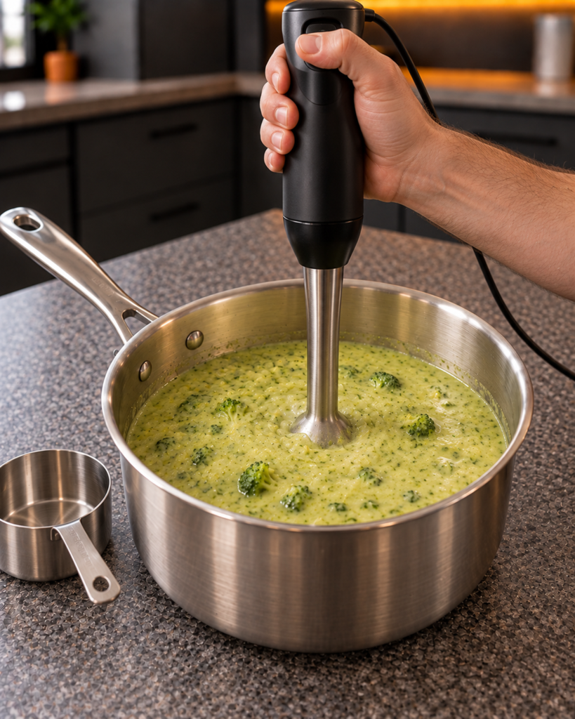 Immersion blender blending part of the broccoli soup in the saucepan
