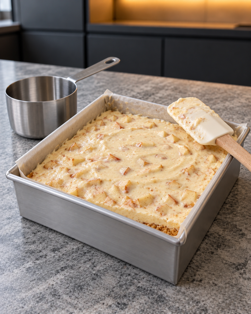 Sugar-free caramel apple cheesecake bars filling spread over the baked almond crust