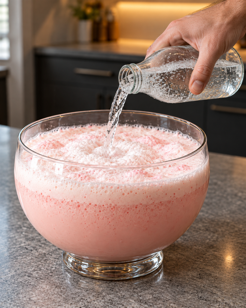 Pouring very cold sparkling water into chilled pink eggnog, bubbles rising in the punch bowl