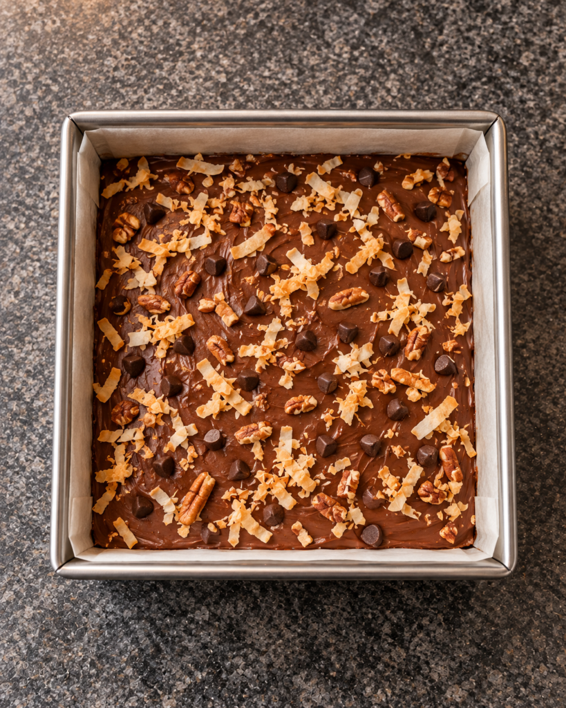 Sugar-free seven-layer bars in a parchment-lined square pan with coconut, pecans and chocolate chips over the chocolate cream