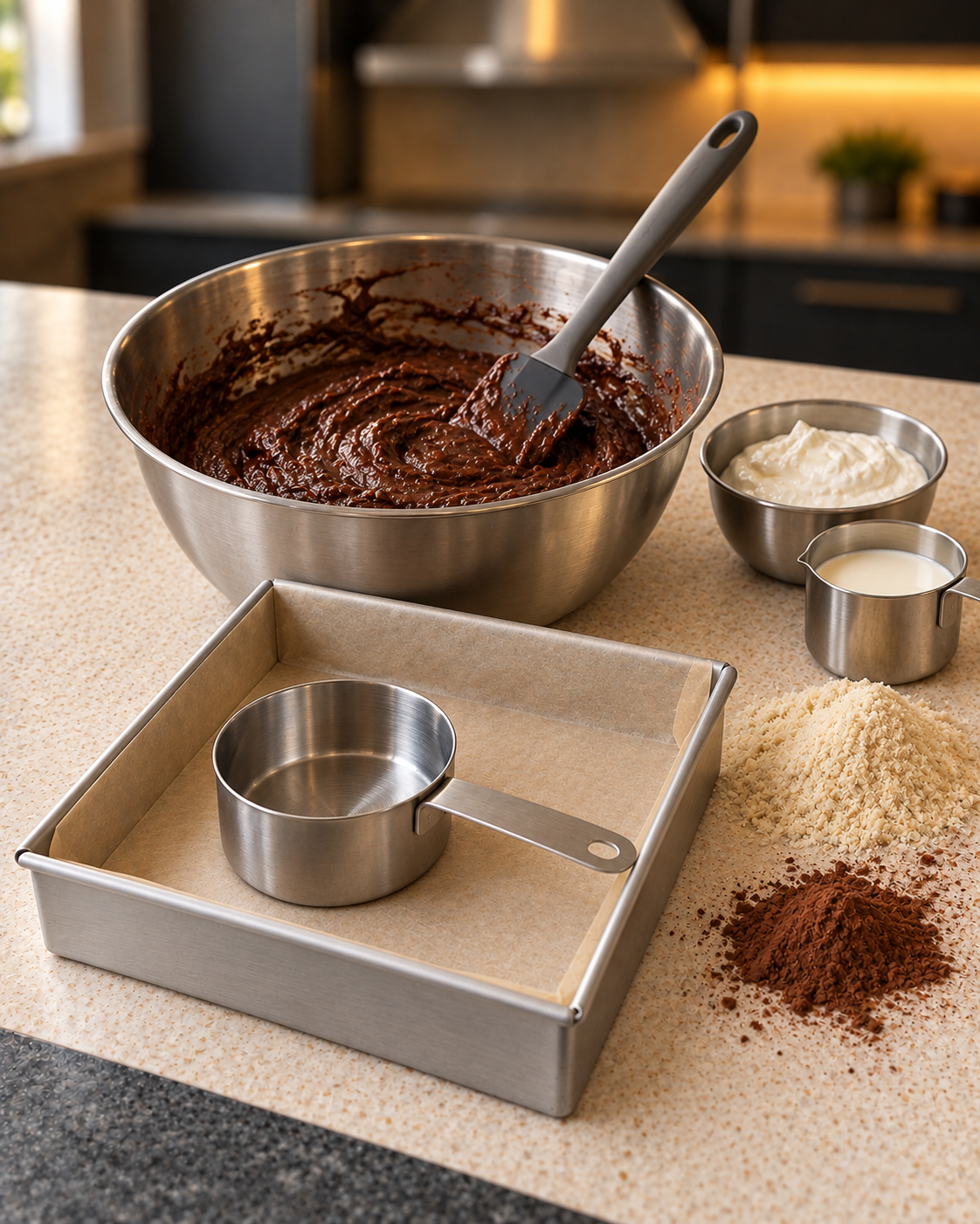 Chocolate cocoa batter in a stainless bowl beside a parchment-lined square baking pan