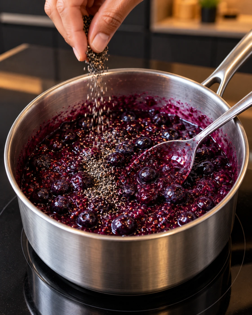 Chia seeds being sprinkled into the thick blueberry mixture in a saucepan and stirred