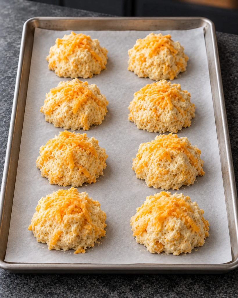 Eight tall unbaked cheddar biscuit mounds on a parchment-lined baking sheet with cheese on top