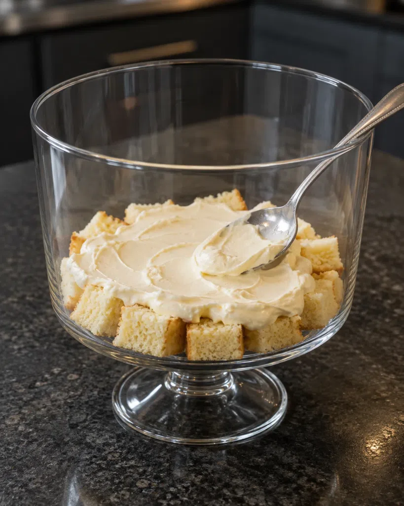 Coffee-soaked sponge cubes in a clear glass trifle bowl with the first layer of white cream being spread over them