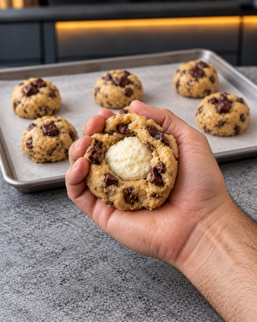 Cookie dough wrapped around frozen cheesecake mound on baking sheet