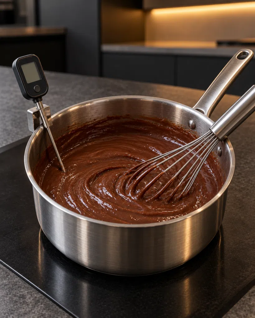 Dark chocolate custard thickening in a saucepan with thermometer