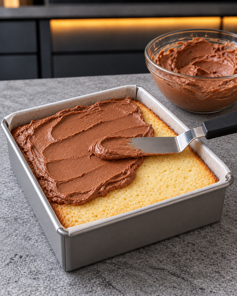 Thick chocolate cream being spread over cooled vanilla cake